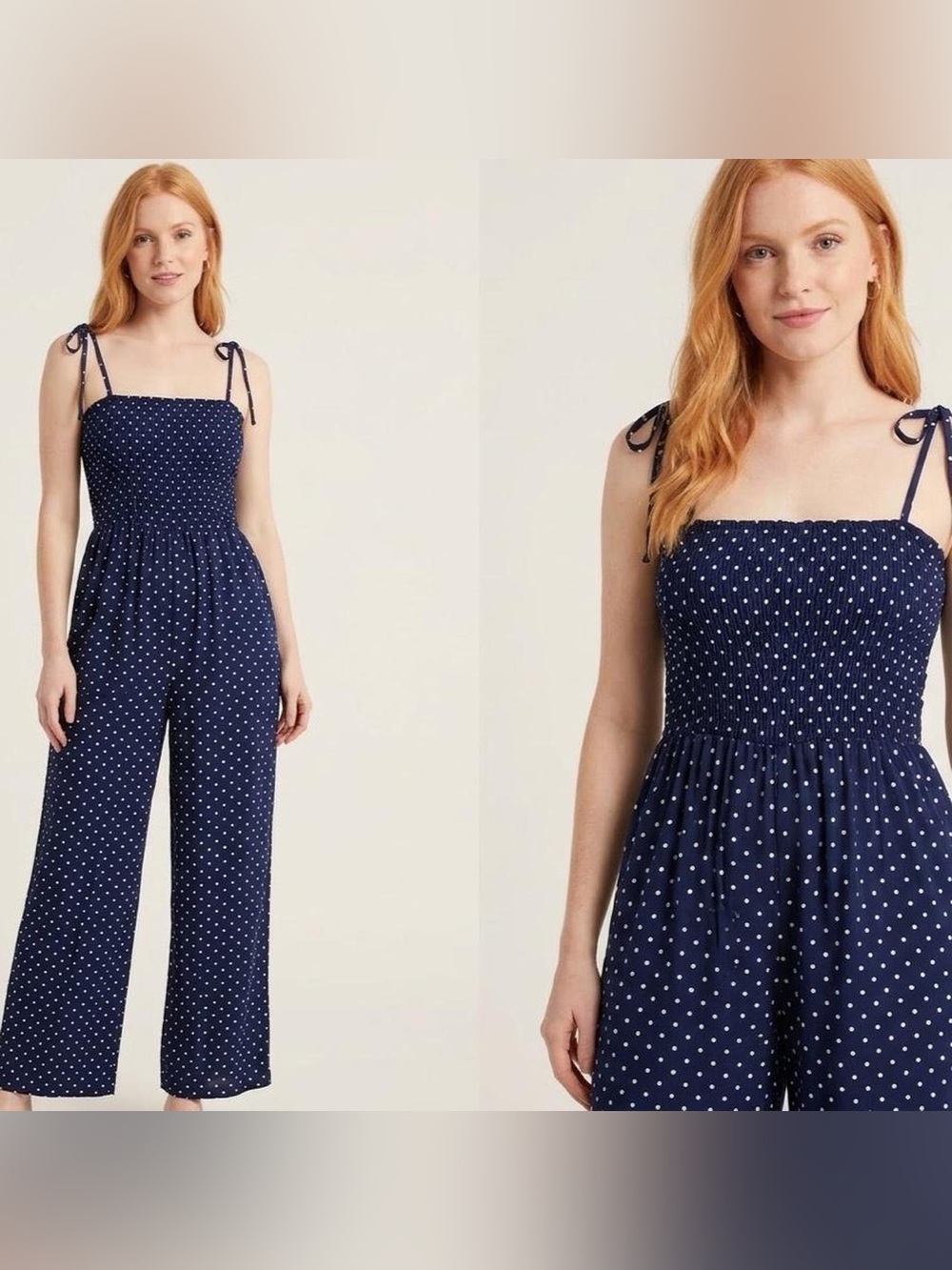 SHEIN Navy Blue Polka Dot Smocked Tie Strap Jumpsuit S